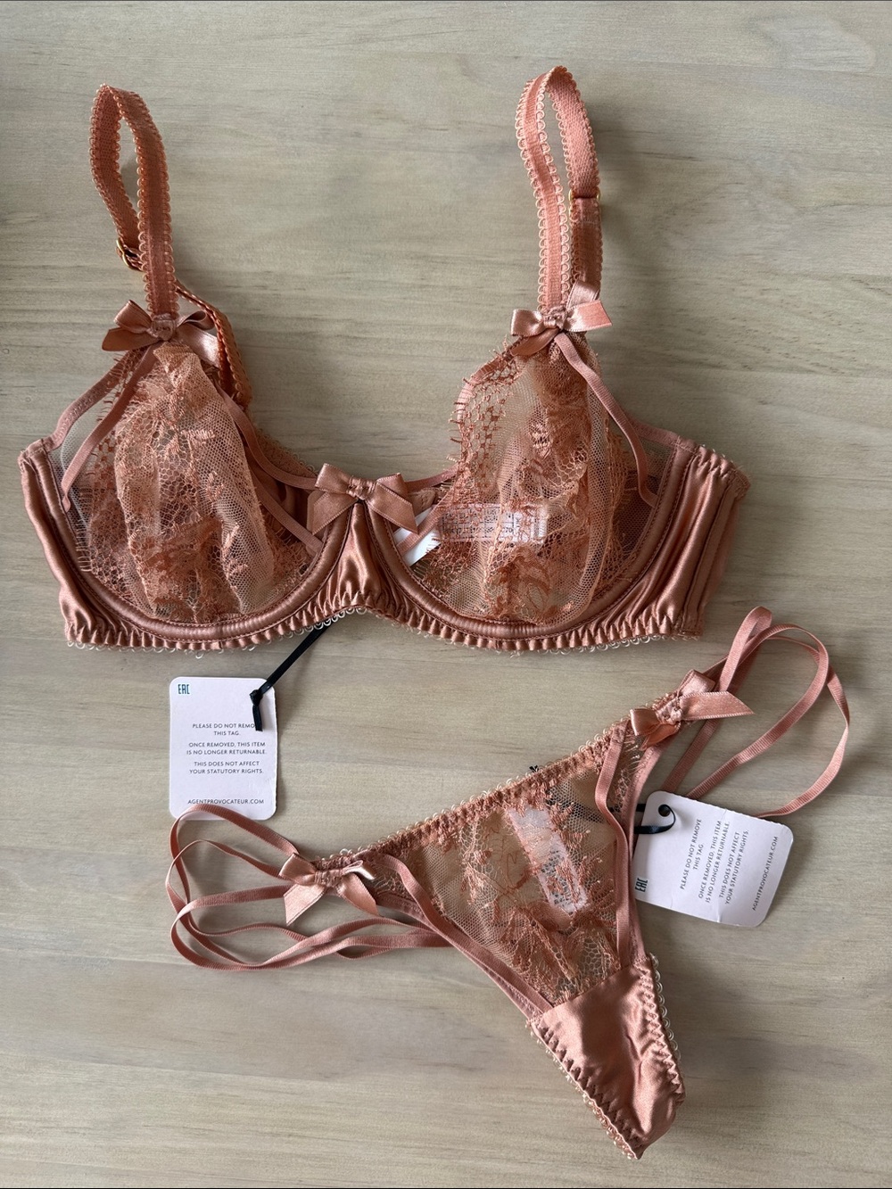 NWT Agent Provocateur apricot silk and lace bra and thong lingerie set | 32C